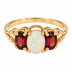 14K Yellow Gold Vintage Opal & Garnet Three-Stone Ring