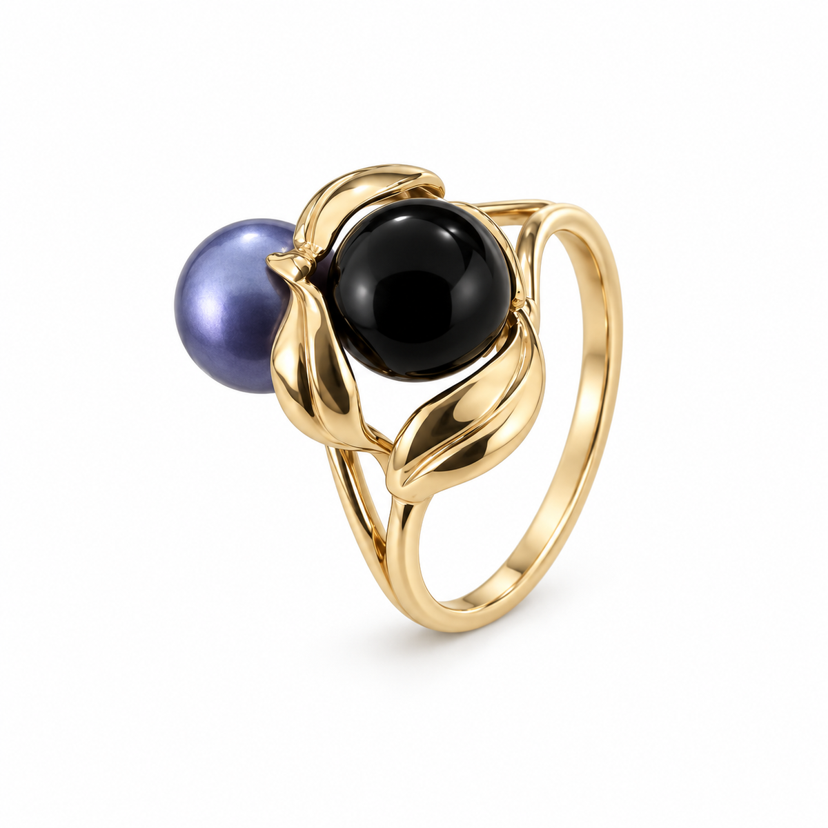14K Yellow Gold Blue Pearl & Onyx Two-Stone Ring