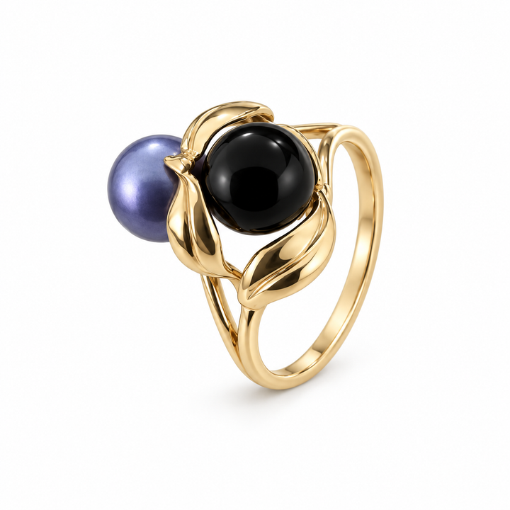 14K Yellow Gold Blue Pearl & Onyx Two-Stone Ring