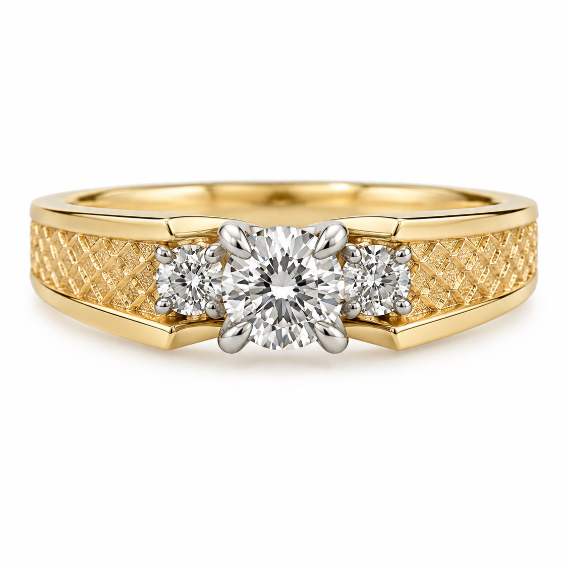 14K Yellow Gold Three-Stone Diamond Textured Split-Shank Ring