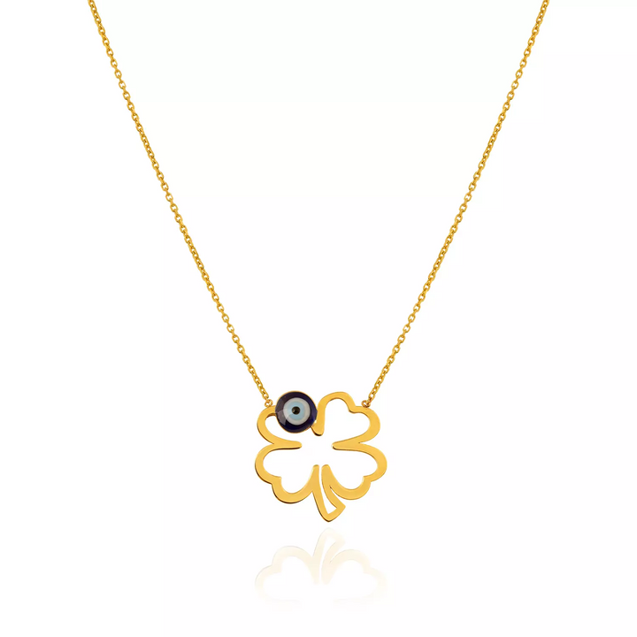 18K Yellow Gold Necklace with one Clover and evil eye bead 3.53gr
