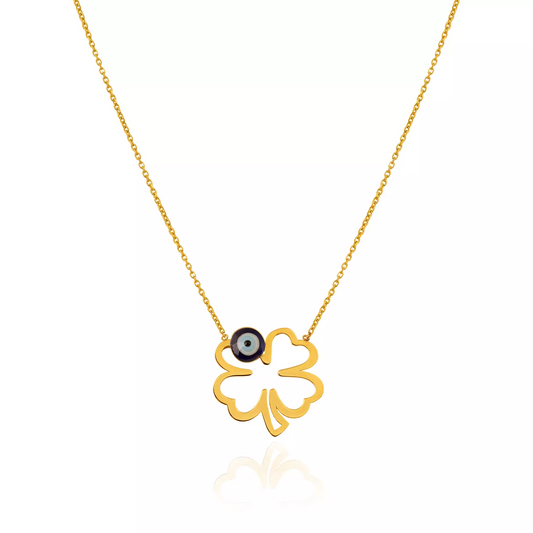 Yellow Gold Necklace with one Clover and evil eye bead, 18k, 3.53gr