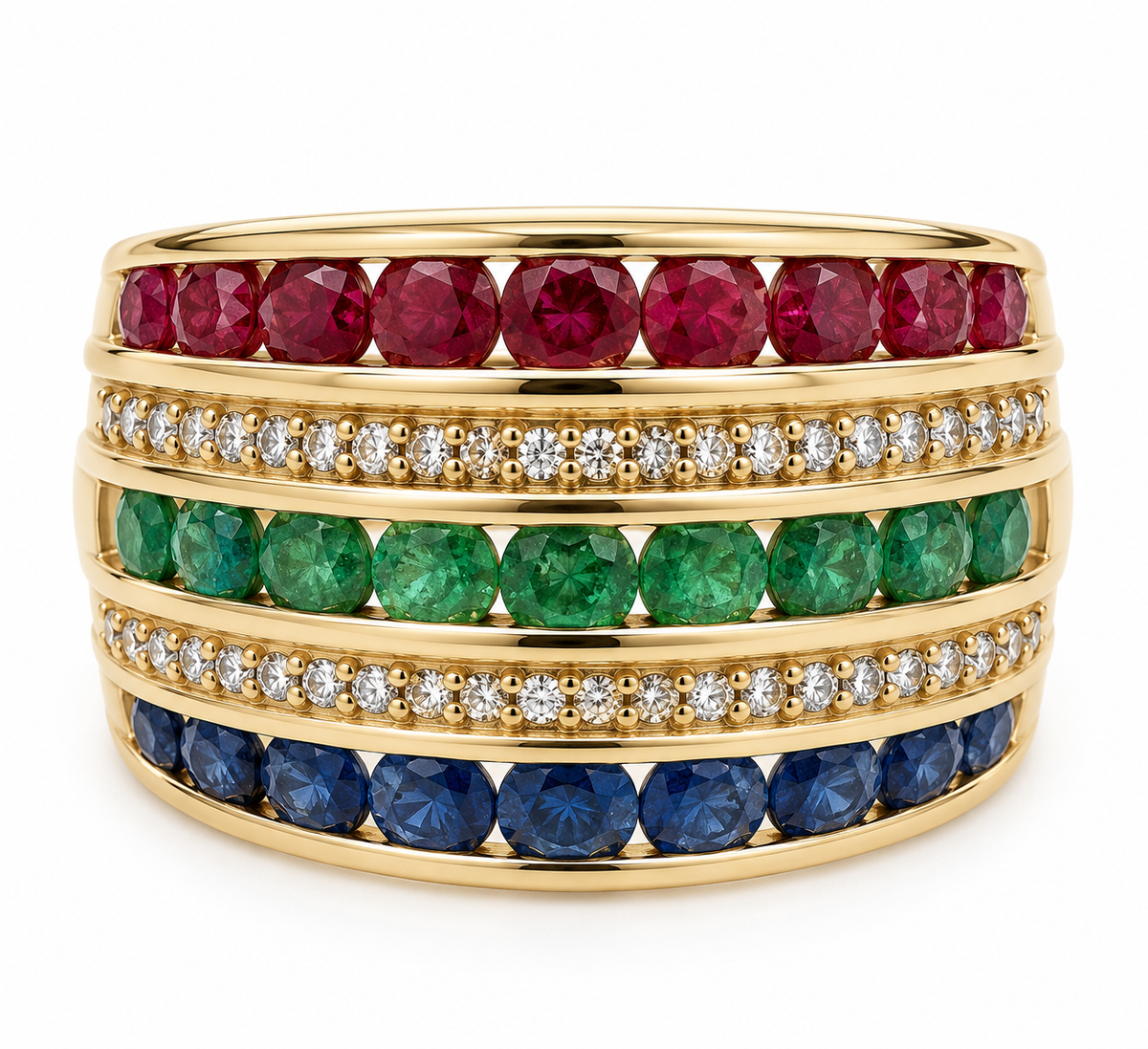 14K Yellow Gold Ruby, Emerald, Sapphire & Diamond Multi-Row Ring