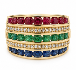14K Yellow Gold Ruby, Emerald, Sapphire & Diamond Multi-Row Ring