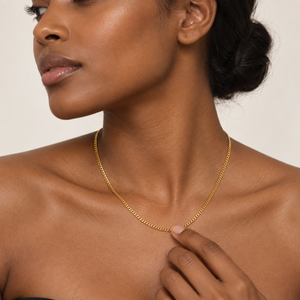 18K Yellow Gold Curb Chain Necklace 2mm worn on the neck - model shot