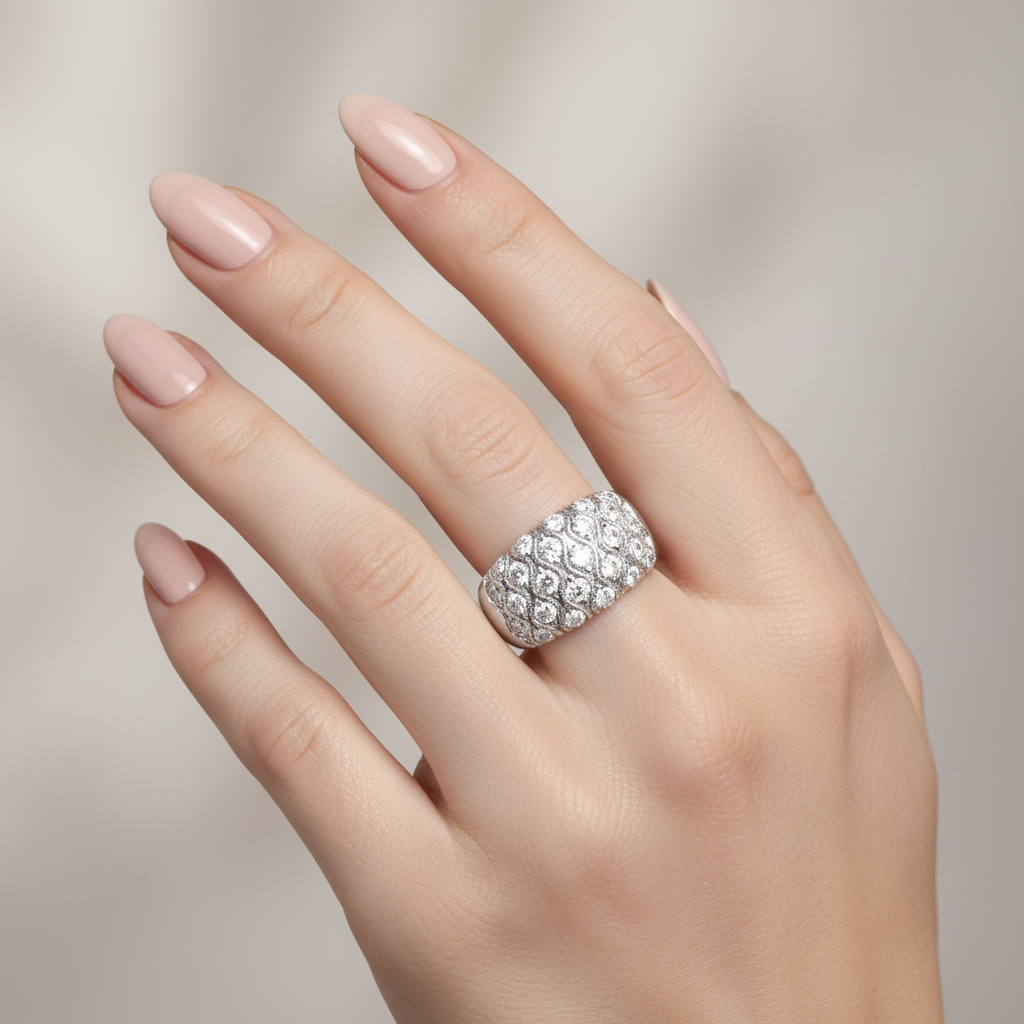 White Gold Classic Wide Multi-row Pavé Diamond Ring. 14k, TDW: 1.17ct, VS, FG