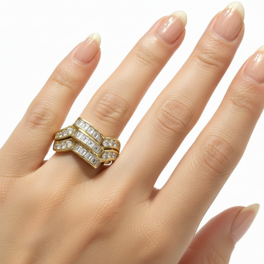 18K Yellow Gold Triple Row Diamond Ring. TDW: 1.20ct