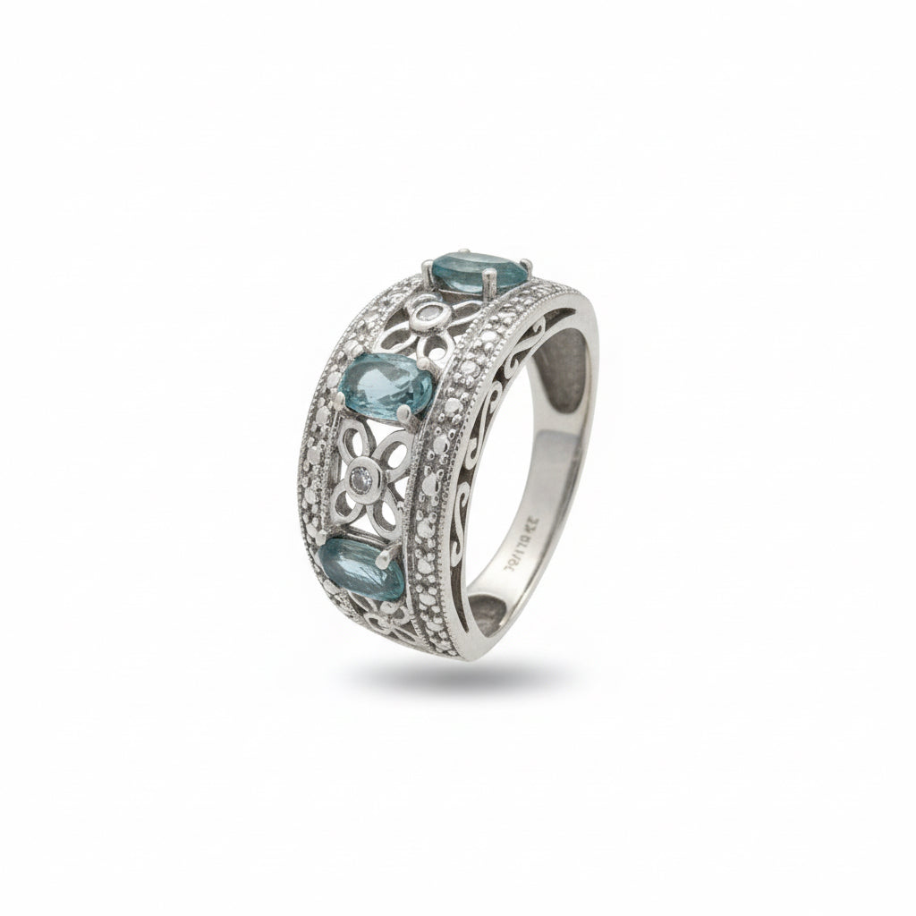 14k White Gold Blue Topaz Diamond Band Ring