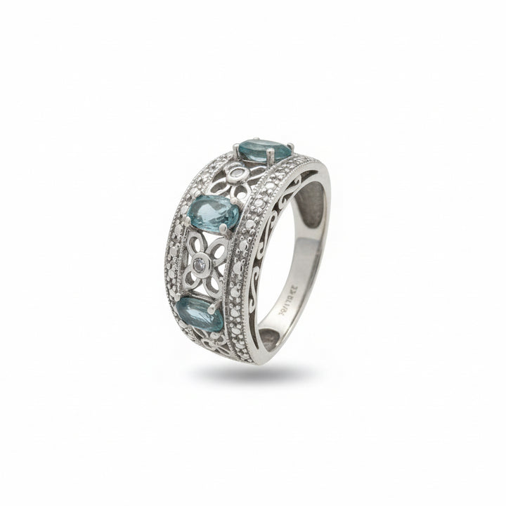 14k White Gold Blue Topaz Diamond Band Ring