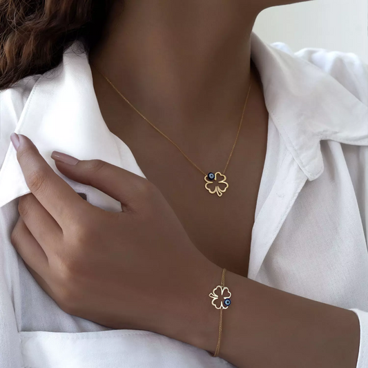 Yellow Gold Necklace with one Clover and evil eye bead, 18k, 3.53gr