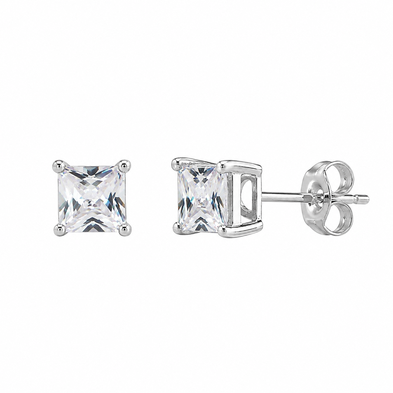 925 Sterling Silver Rhodium Plated Square Basket Clear CZ Stud Earrings