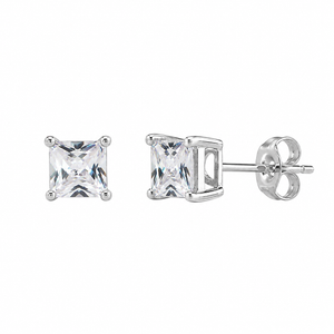 925 Sterling Silver Rhodium Plated Square Basket Clear CZ Stud Earrings