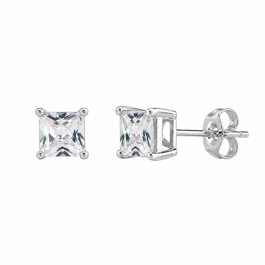 925 Sterling Silver Rhodium Plated Square Basket Clear CZ Stud Earrings