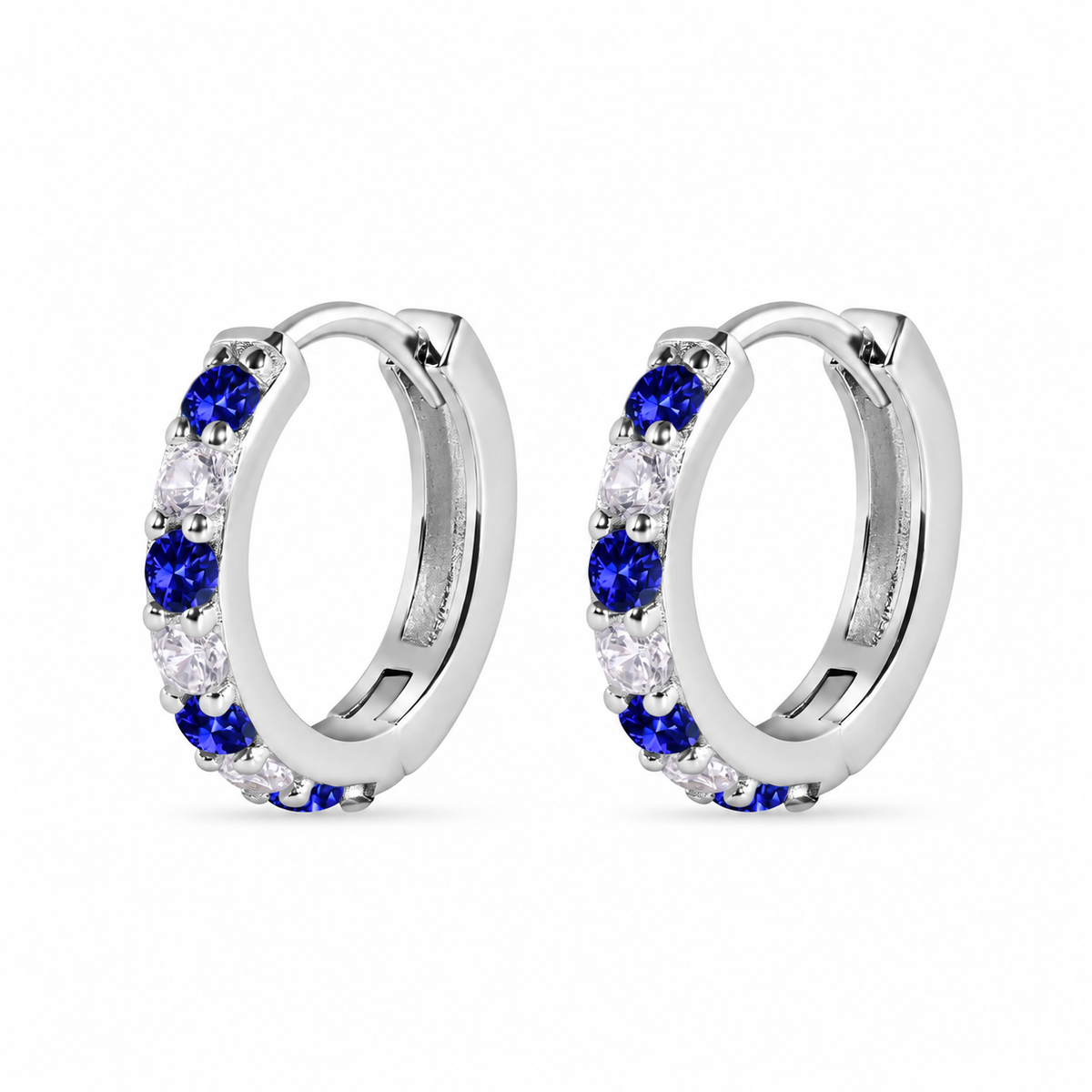 925 Sterling Silver Blue & Clear CZ Huggie Earrings