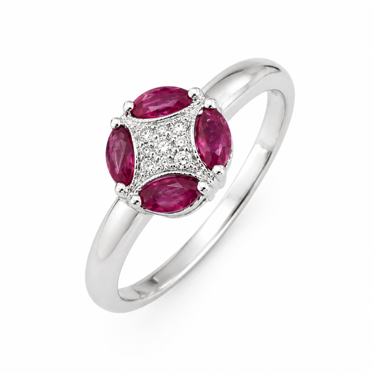 10K White Gold Ruby and Diamond Cluster Ring