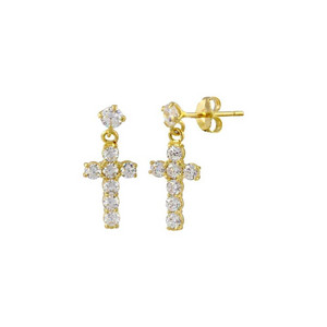 Yellow Gold Dangling Cross CZ Stud Earrings