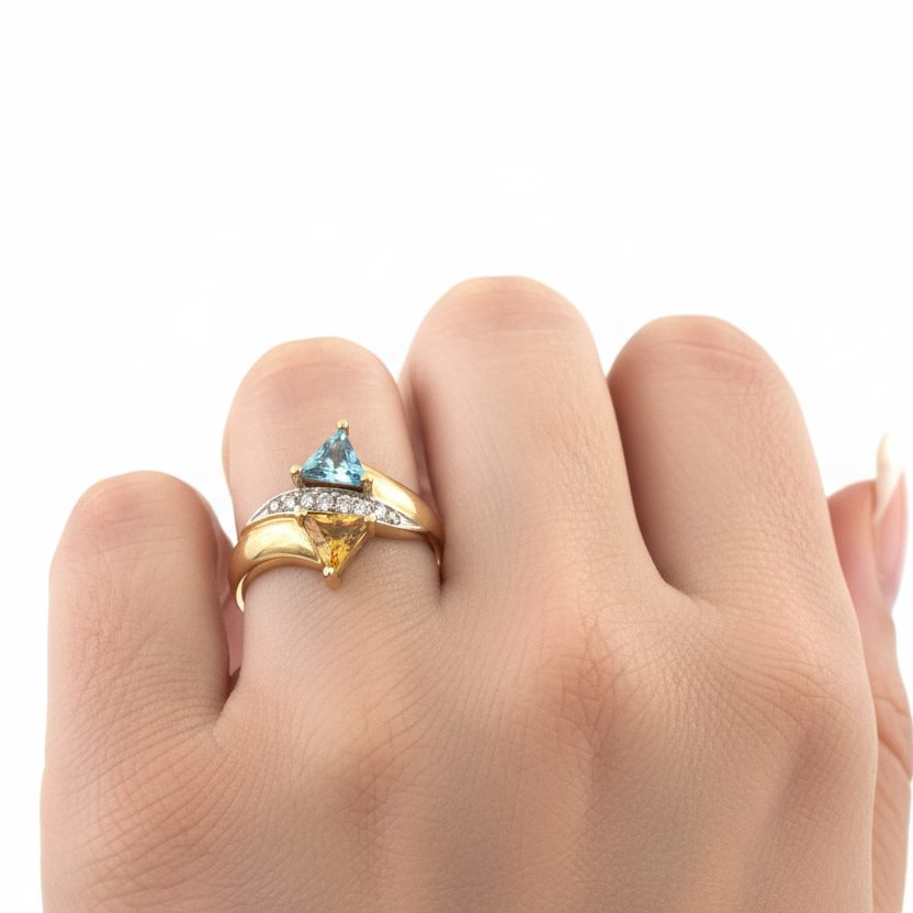 10k Yellow Gold Blue Topaz & Yellow Citrine Diamond Bypass Toi et Moi Ring