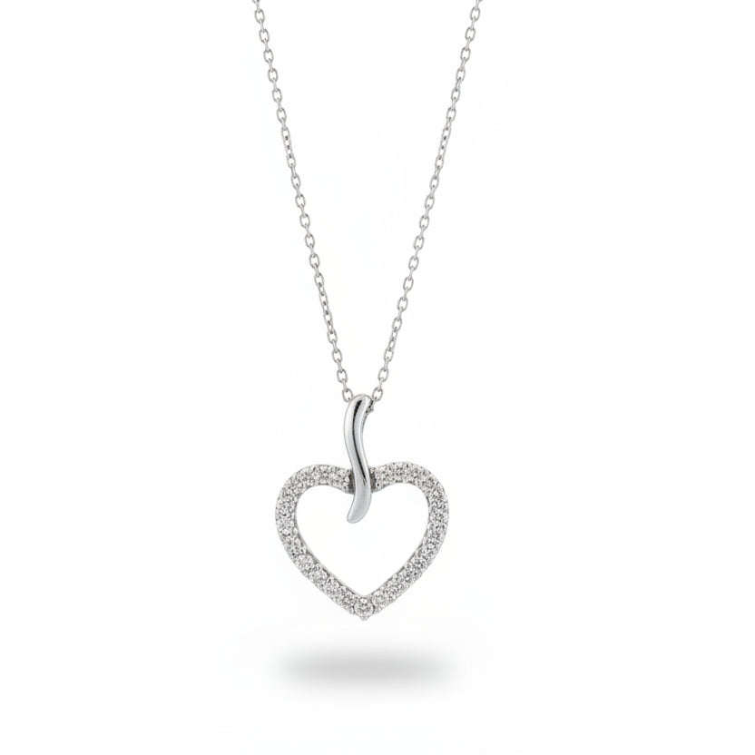 18K White Gold Diamond Open Heart Pendant Necklace