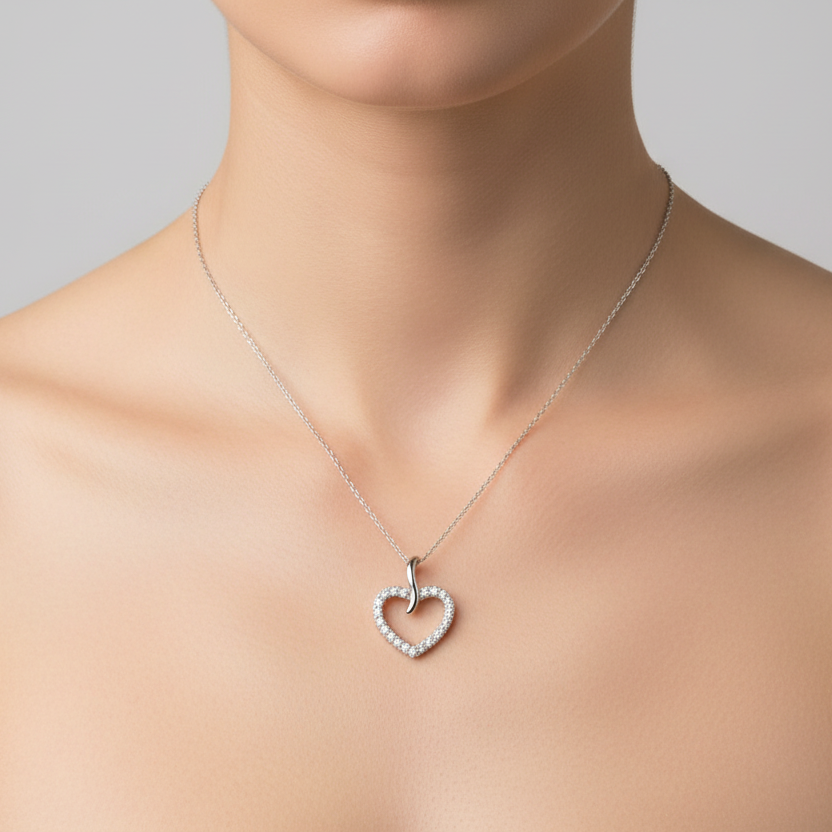 18K White Gold Diamond Open Heart Pendant Necklace