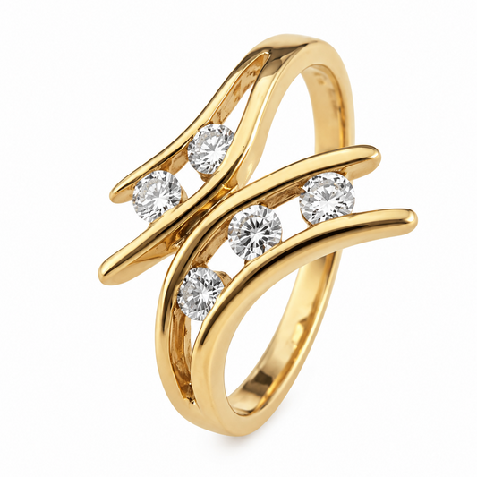 14K Yellow Gold Five-Stone Diamond Bypass Wave Ring - three-quarter view