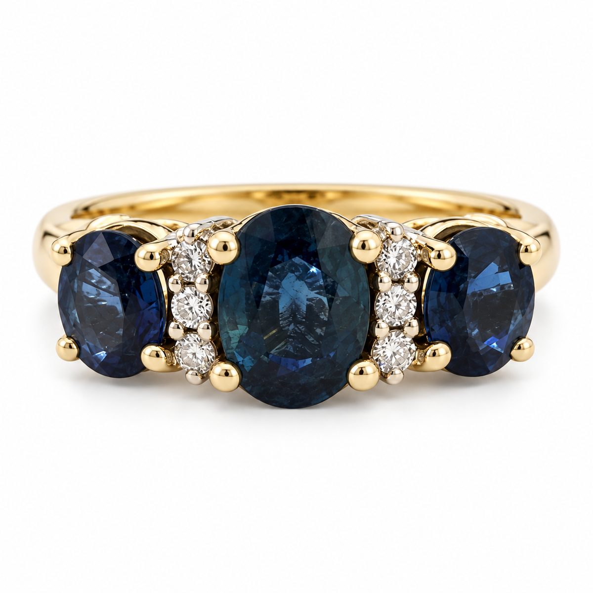 14K Two-Tone Gold Vintage Three-Stone Oval Sapphire & Diamond Ring