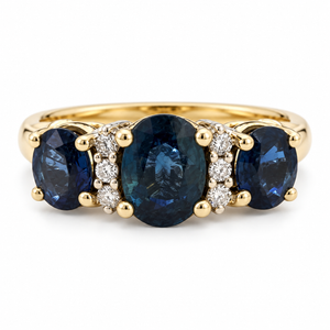 14K Two-Tone Gold Vintage Three-Stone Oval Sapphire & Diamond Ring