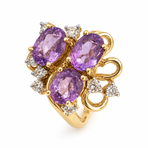 14K Yellow Gold Oval Amethyst & Diamond Floral Cluster Cocktail Ring