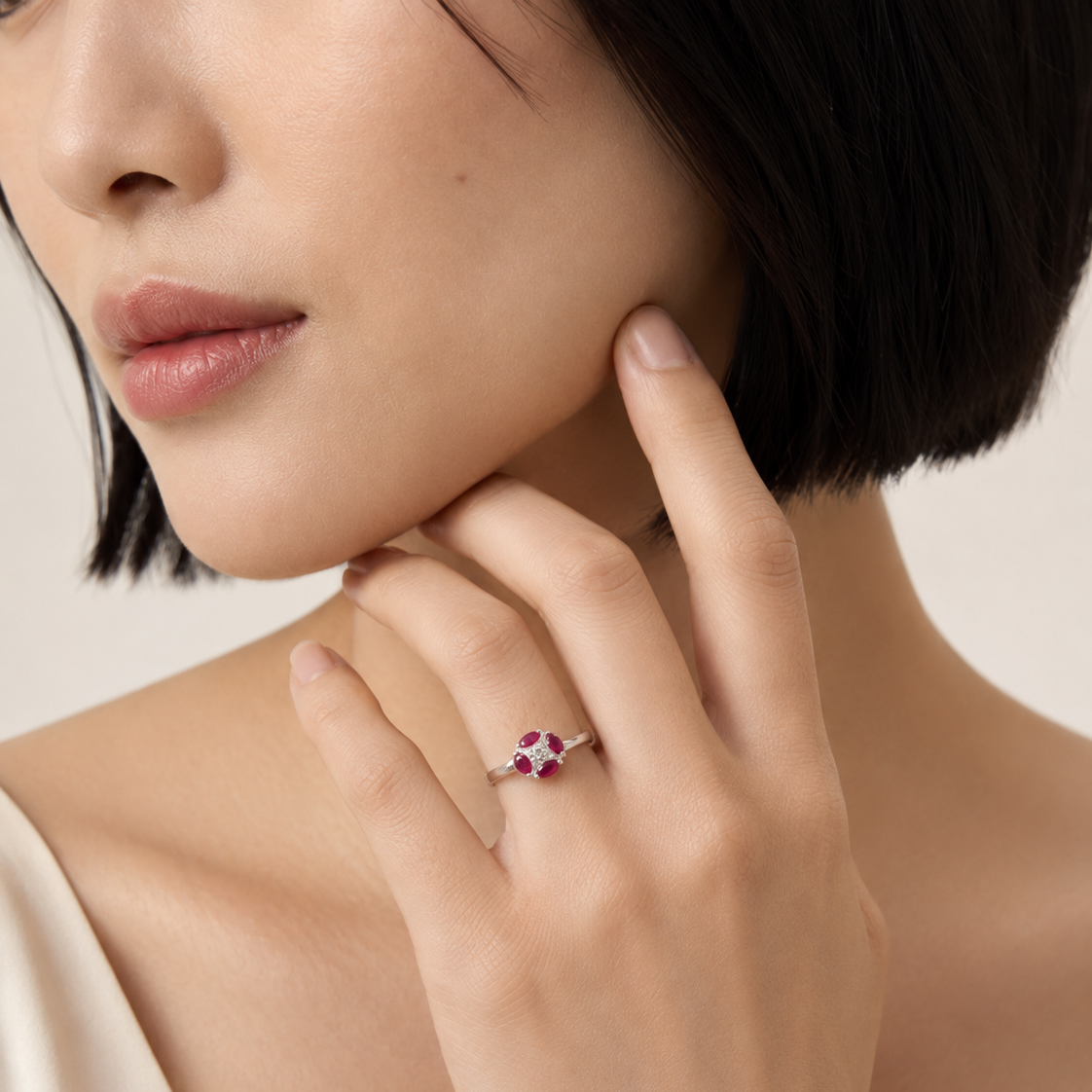 10K White Gold Ruby and Diamond Cluster Ring