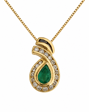 18K Yellow Gold Vintage-Inspired Emerald & Diamond Halo Necklace 17"