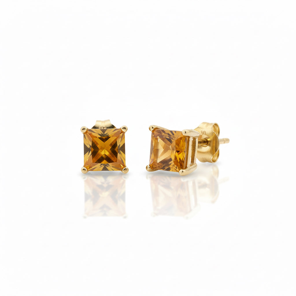 Yellow Gold Stud Earrings with Emerald Cut Citrine, 10k