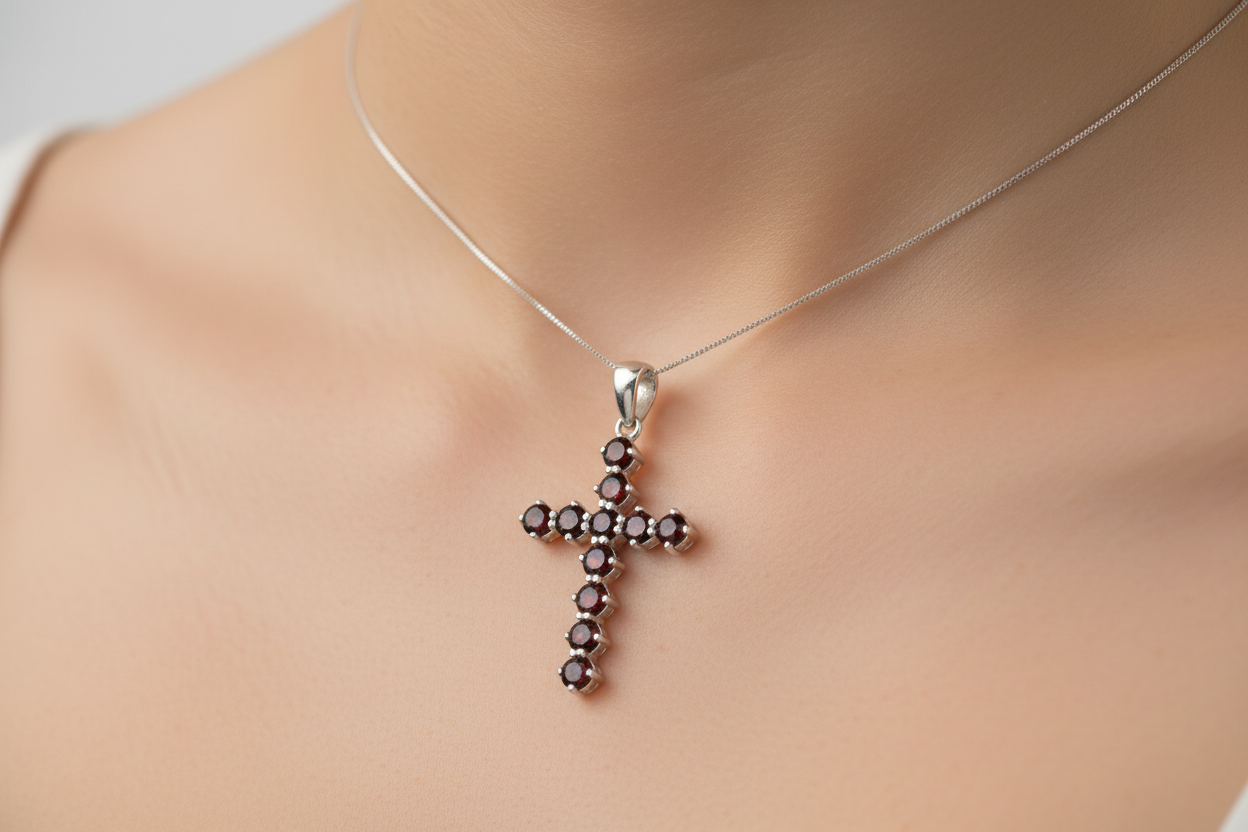 Sterling Silver Cross Pendant with Rad Garnet 925