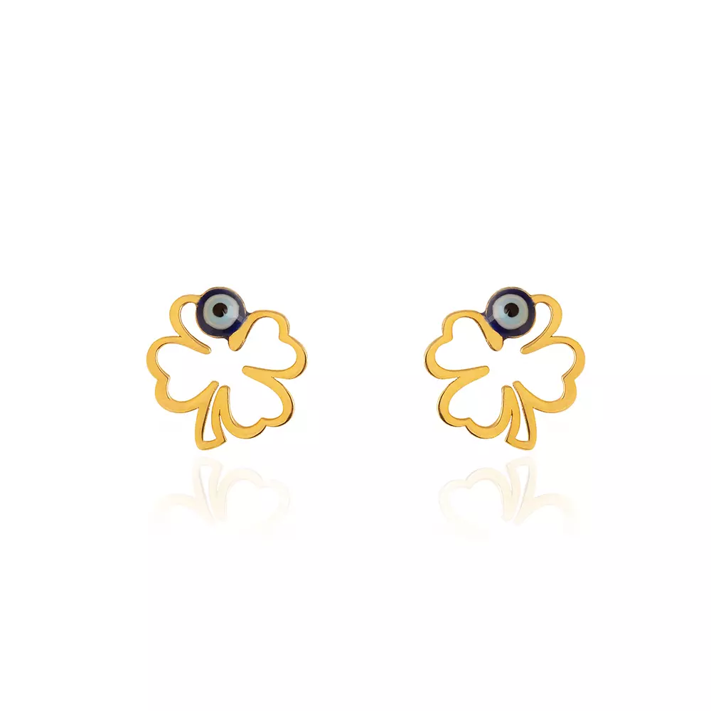 Yellow Gold Stud earring, one Clover setting with Evil Eye, 18k, 1.35gr