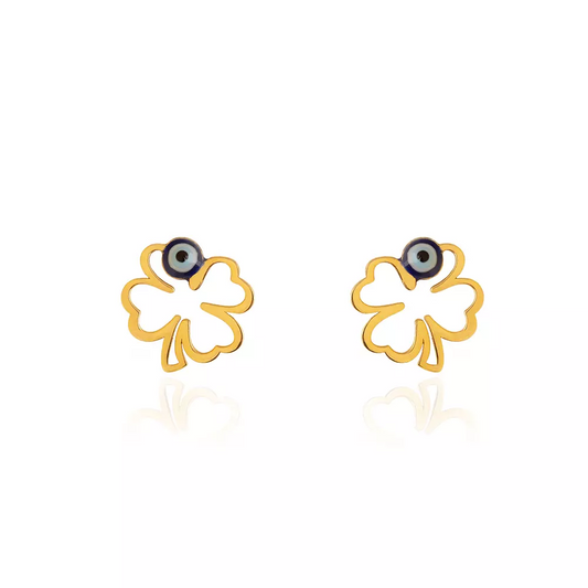 Yellow Gold Stud earring, one Clover setting with Evil Eye, 18k, 1.32gr