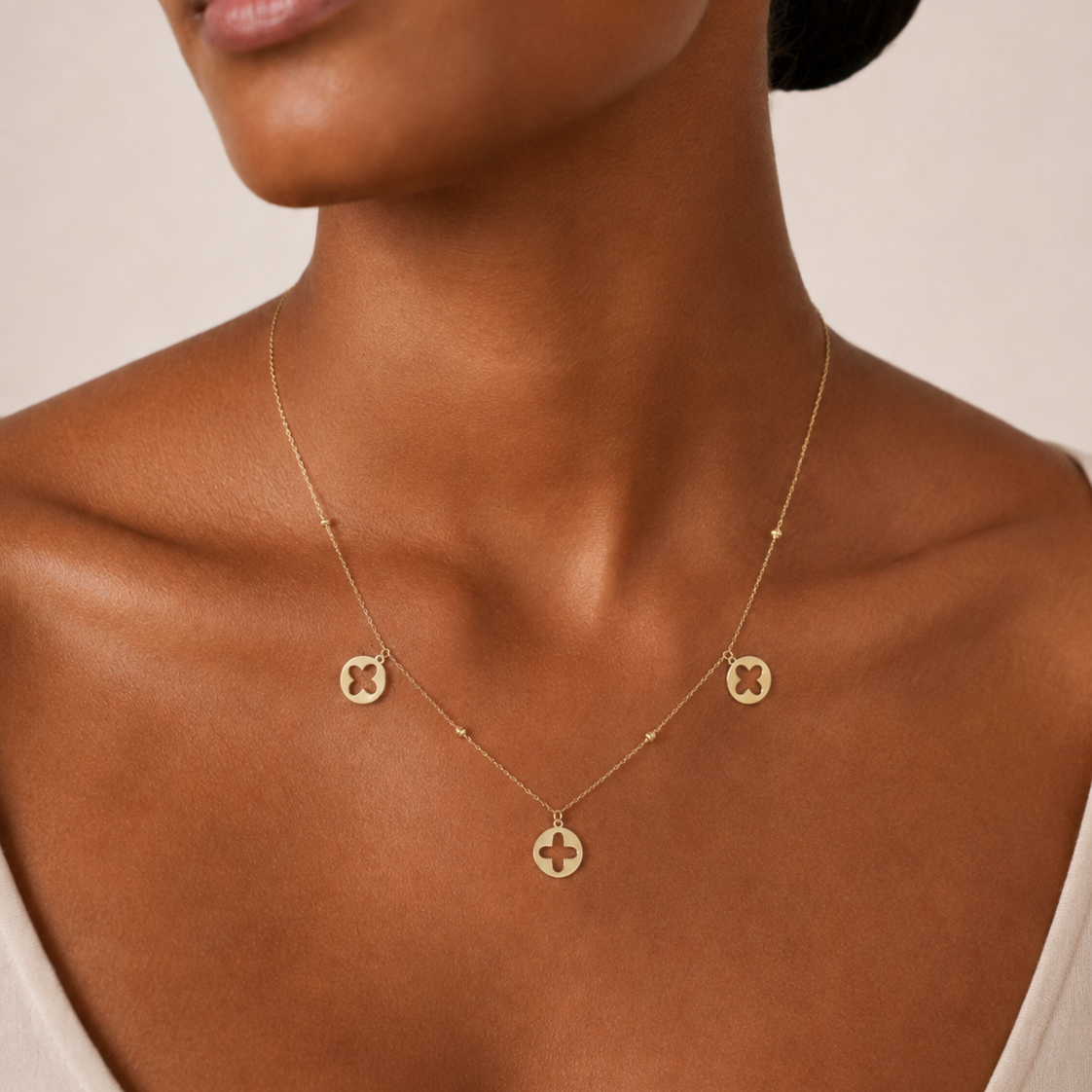 18K Yellow Gold Flower Cutout Disc Charm Necklace