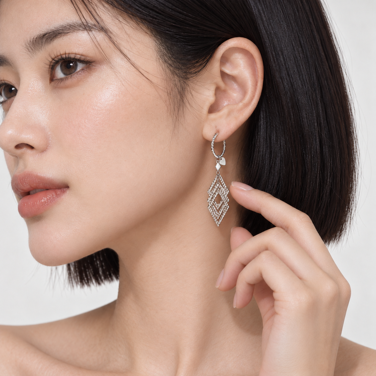 999 Platinum Layered Geometric Diamond-Shaped Drop Hoop Earrings