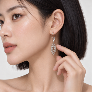 999 Platinum Layered Geometric Diamond-Shaped Drop Hoop Earrings