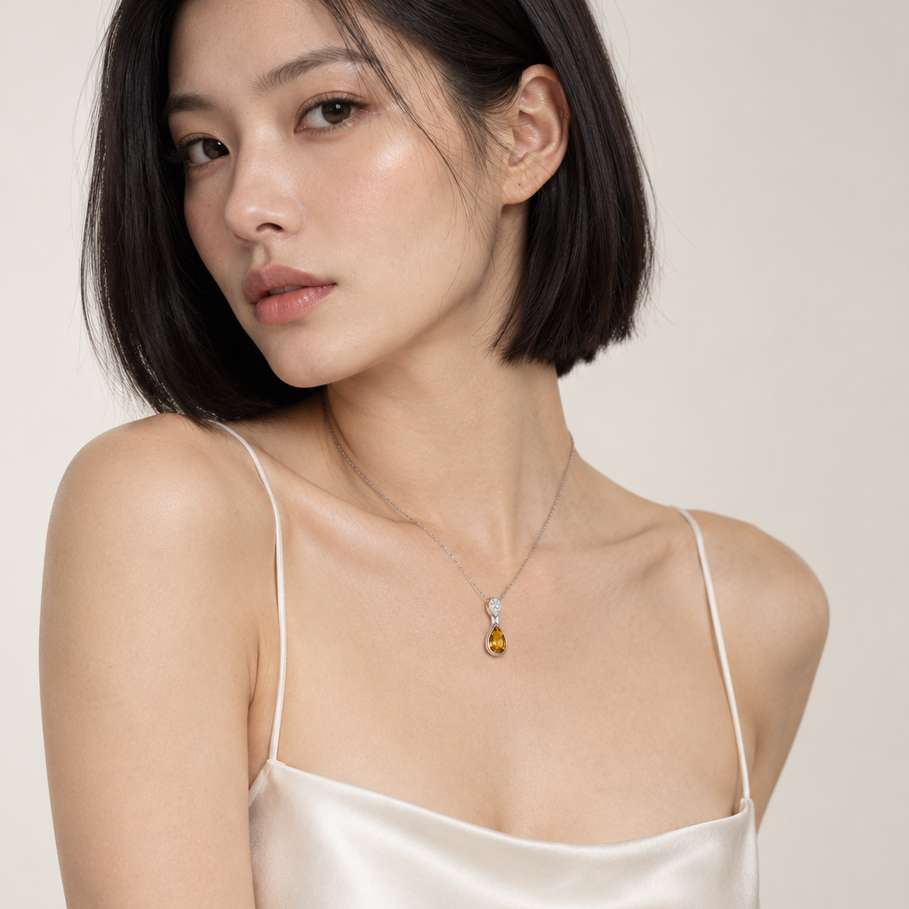 14K White Gold Pear Citrine and Diamond Pendant Pavé Bail