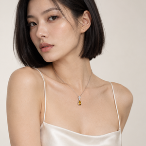 14K White Gold Pear Citrine and Diamond Pendant Pavé Bail