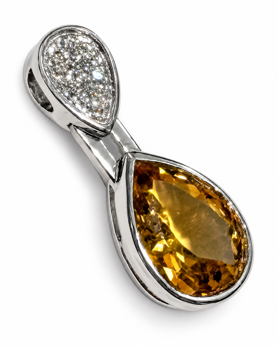 14K White Gold Pear Citrine and Diamond Pendant Pavé Bail