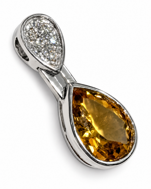 14K White Gold Pear Citrine and Diamond Pendant Pavé Bail