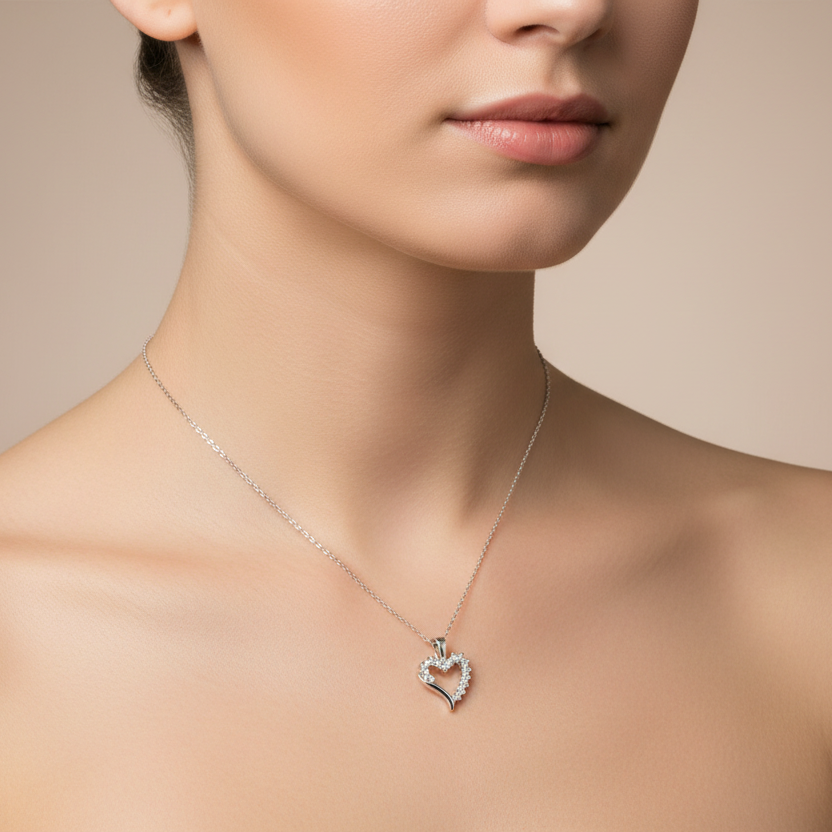 White Gold Diamond Open Heart Pendant 10k