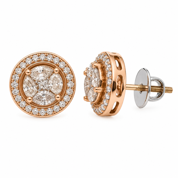 14K Rose Gold Round Diamond Cluster Halo Stud Earrings