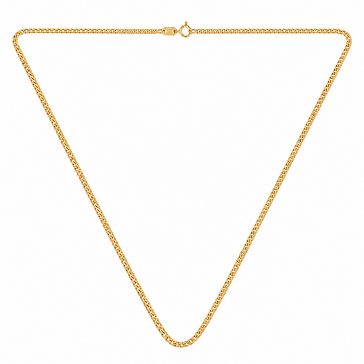 18K Yellow Gold Curb Chain Necklace 2mm - full chain laid flat, spring ring clasp