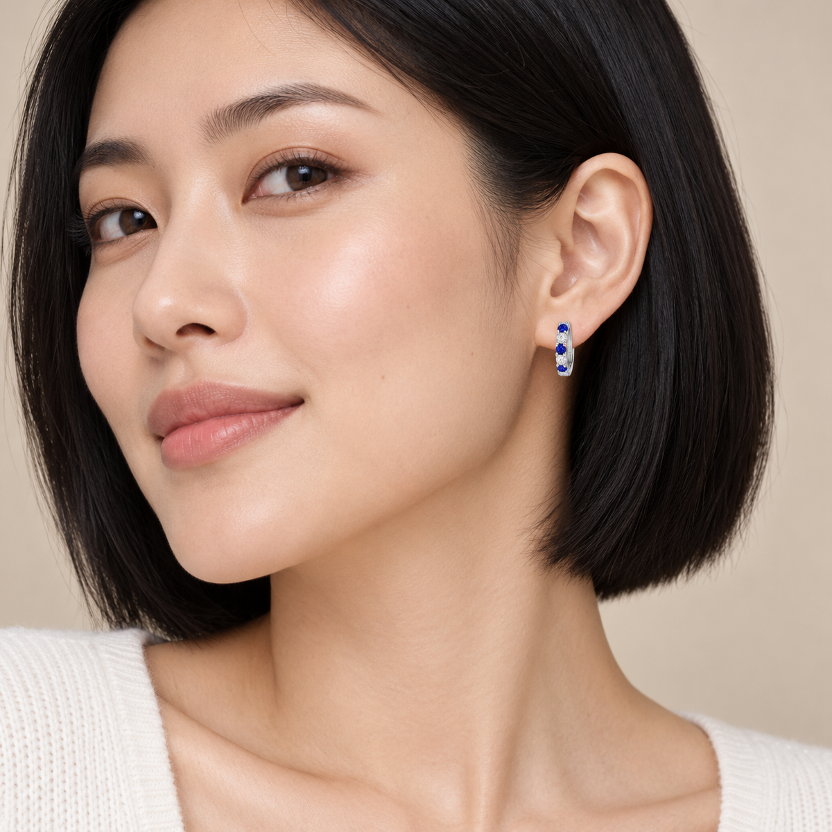 925 Sterling Silver Blue & Clear CZ Huggie Earrings