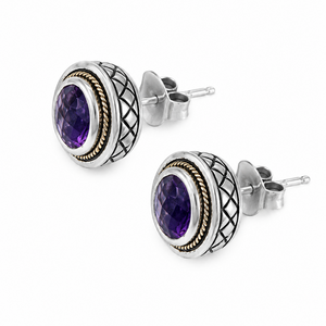 925 Sterling Silver & 18K Gold Round Amethyst Stud Earrings