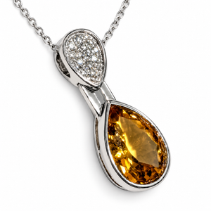 14K White Gold Pear Citrine and Diamond Pendant Pavé Bail