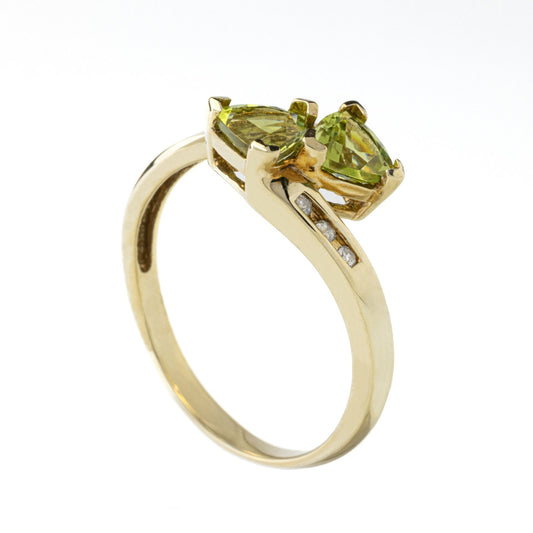Yellow Gold Ring  with Two Peridots and Six Natural Round Diamonds, TDW: 0.06ct, 10k, 2gr