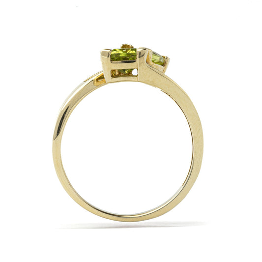 Yellow Gold Ring  with Two Peridots and Six Natural Round Diamonds, TDW: 0.06ct, 10k, 2gr