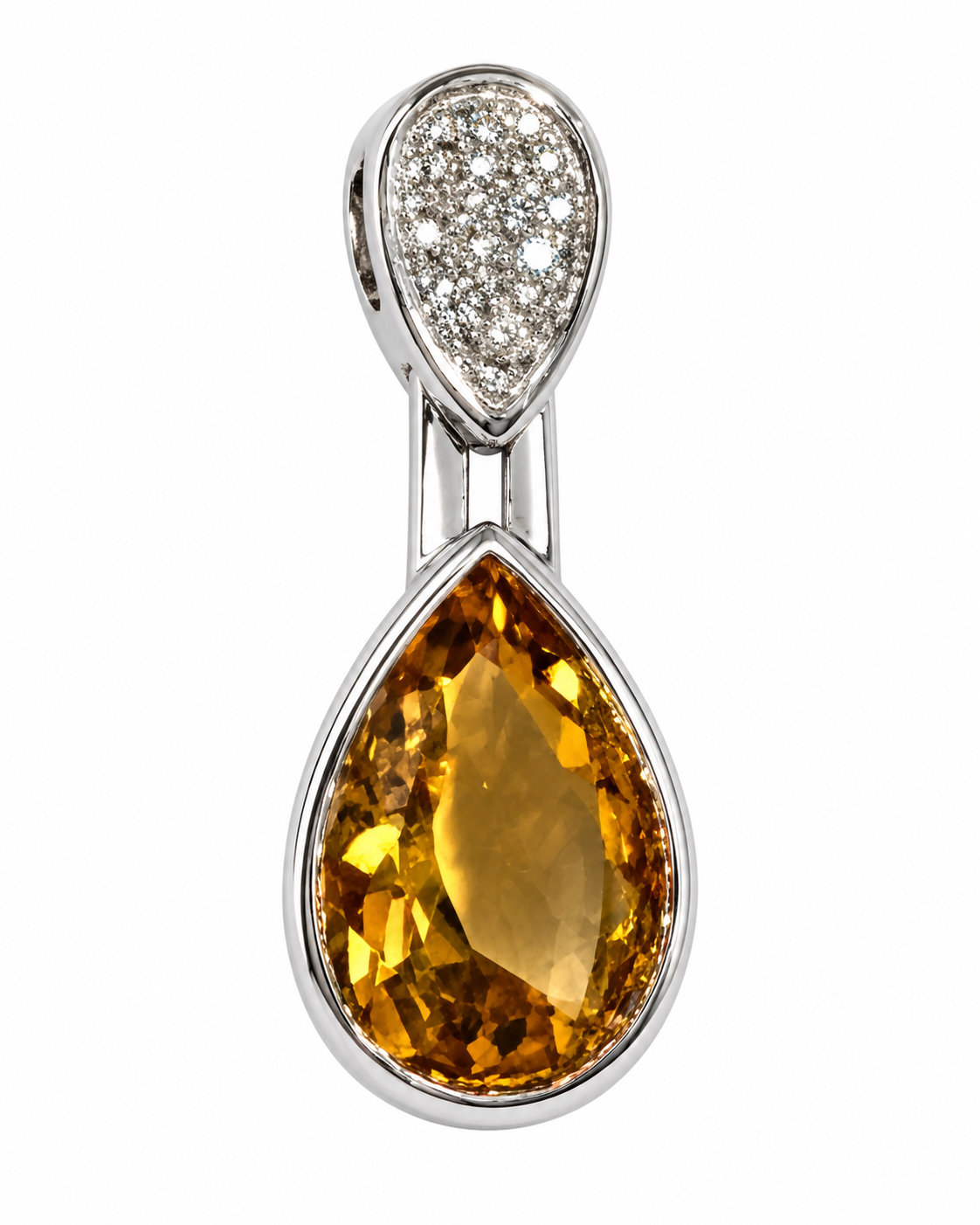 14K White Gold Pear Citrine and Diamond Pendant Pavé Bail