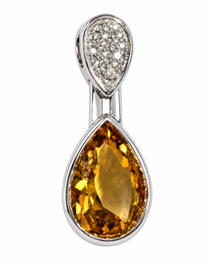 14K White Gold Pear Citrine and Diamond Pendant Pavé Bail